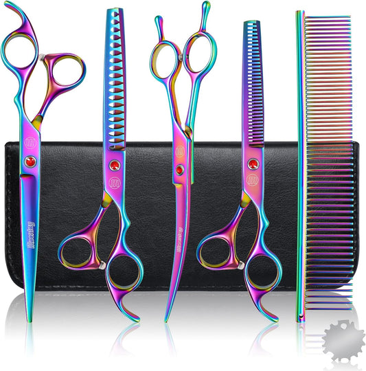 Professional Dog Grooming Scissors Set, 7 Inch/8 Inch Pet Grooming Scissors Chunkers Shears for Dog, Curved Dog Grooming Scissors, Thinning Shears for Dog with Grooming Comb | Pet Grooming Chunkers Shears for Dog, Curved Dog Grooming Scissors, Thinning Sh